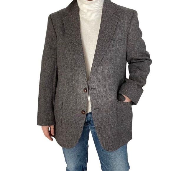 Vintage Mens PBM Gray Brown 100% Wool Chevron Suede Elbow Patch Sport Coat - Picture 7 of 9